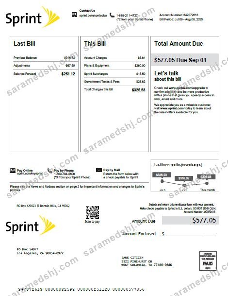 USA Sprint utility bill template in Word and PDF formats, version 3